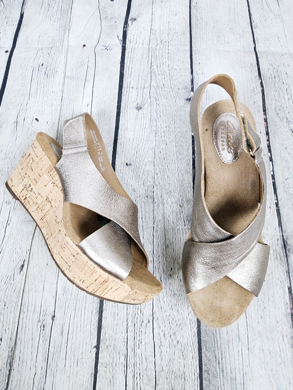 CLARKS ARTISAN | metallic leather slingback open toe cork wedge sandals